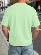 Men's Large Waffle Knit Chicken-Heart Neck T-Shirt - Loose Fit Short Sleeve Crew Neck Shirt with Hem Logo Decoration, Breathable Summer Casual & Sportswear, Solid Color Suitable for Gym, Casual Attire, Machine Washable - Light Green