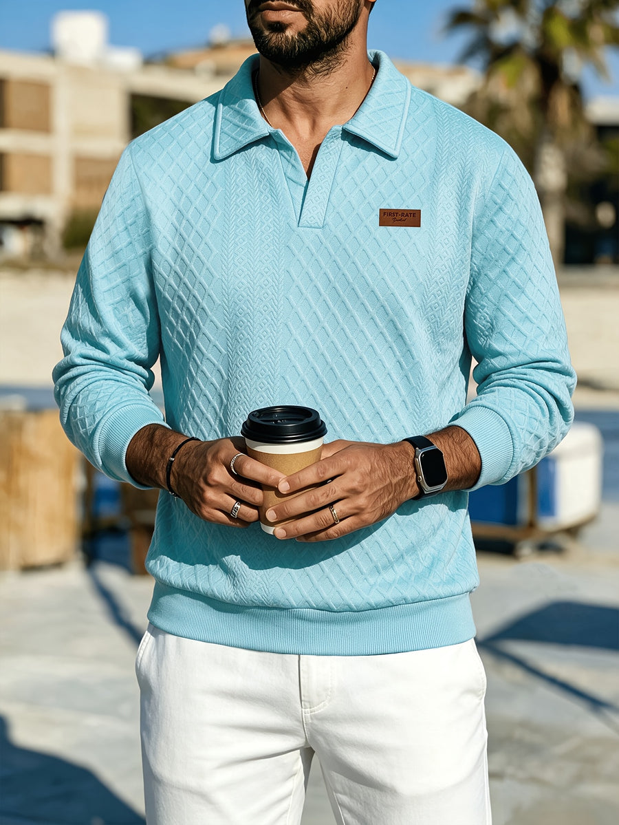 Premium Rhombus Men's Long Sleeve Polo Shirt with Notched Lapel and Small V-Neck Design, a Top for Men's Commuting and Party Wear (Texture Random) - Light Blue