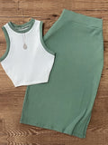Women'S Sleeveless Vest And Slit Skirt Set - Green