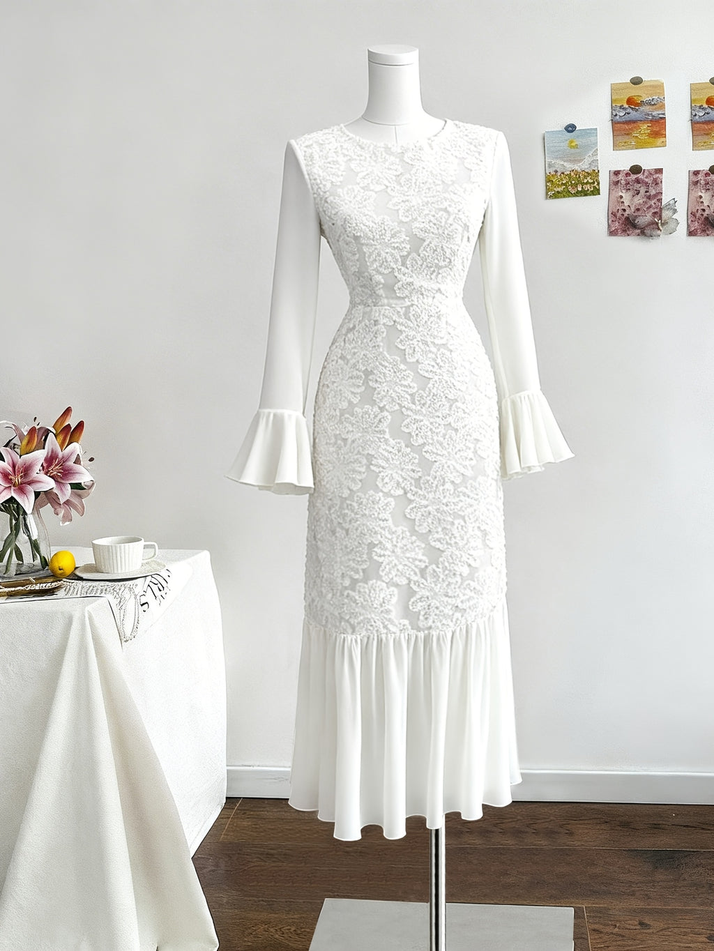 Women's Elegant -Line Maxi Dress with Print Long Dress - Full-Length -Length Gown Suitable for Weddings, Parties, Proms, Galas - Machine Washable Round Neck Zipper Closure Dress - Milky