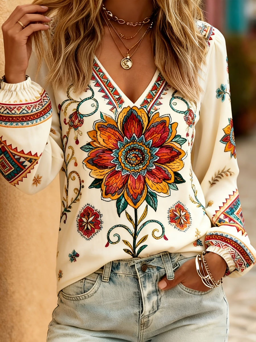 Casual Temperament Elegant Fashion Design Vacation Charm Vintage Long Sleeve V-Neck Printed Top, Vacation Commute All-Match Fashion Top, Women'S Clothing - Mixed colors
