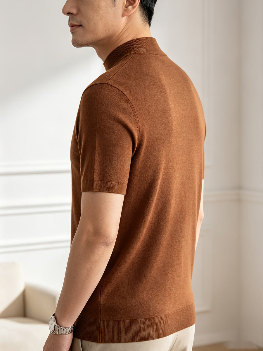 Men'S Solid Mock Neck Short Sleeve Knit Sweater, Soft Skin-Friendly Wool Blend Pullover, Stretch Slim Fit Basic Knit Top, Rib Neck Cuff, Business Commute Daily Casual Shirt, Versatile Inner And Outer Wear Men Base Layer - Mocha Brown
