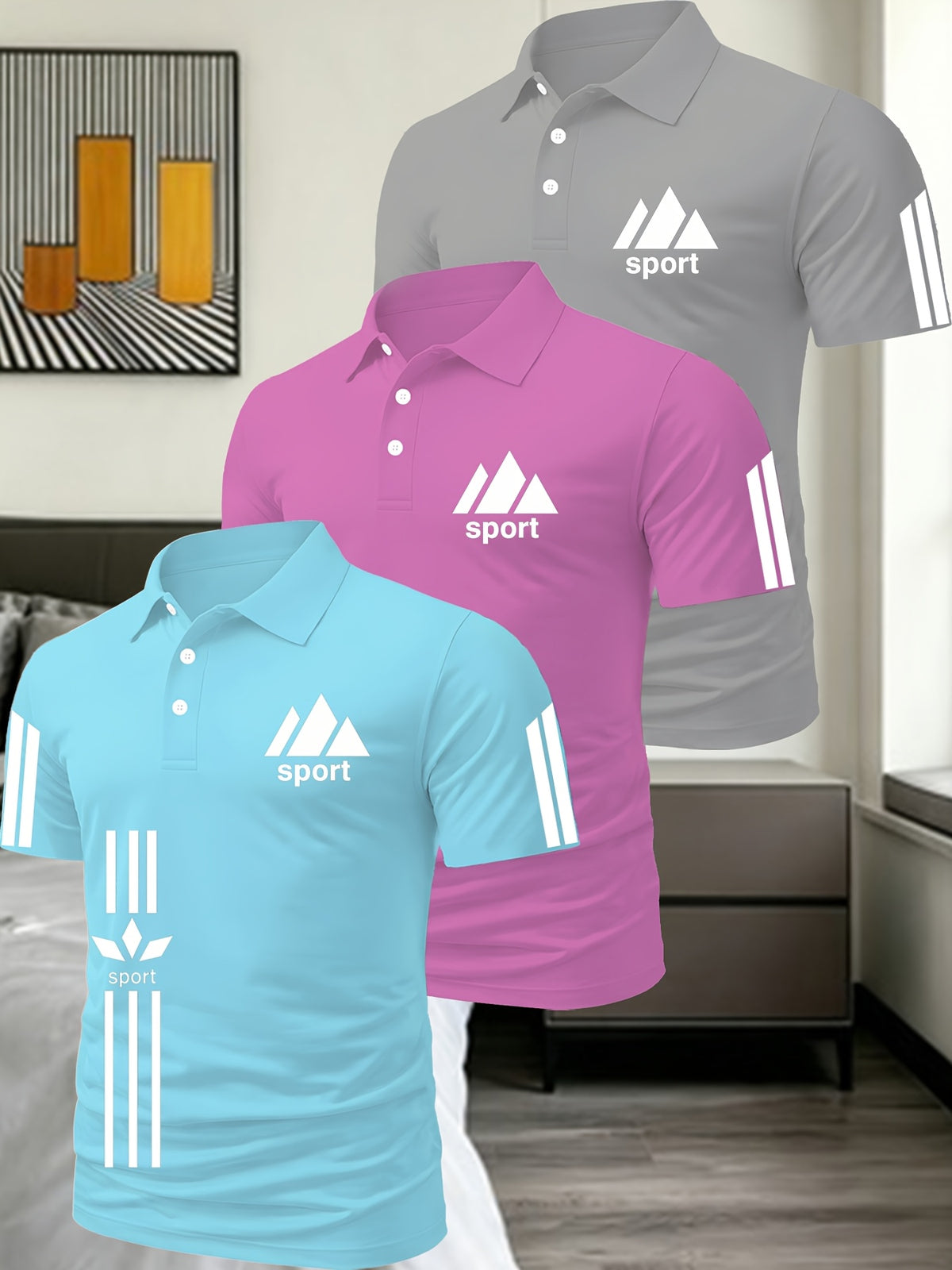 Light Luxury Men'S Solid Color Polo Shirt 3pcs Set Multi-Scene Golf Outfit Top - Sky Blue Pink Gray