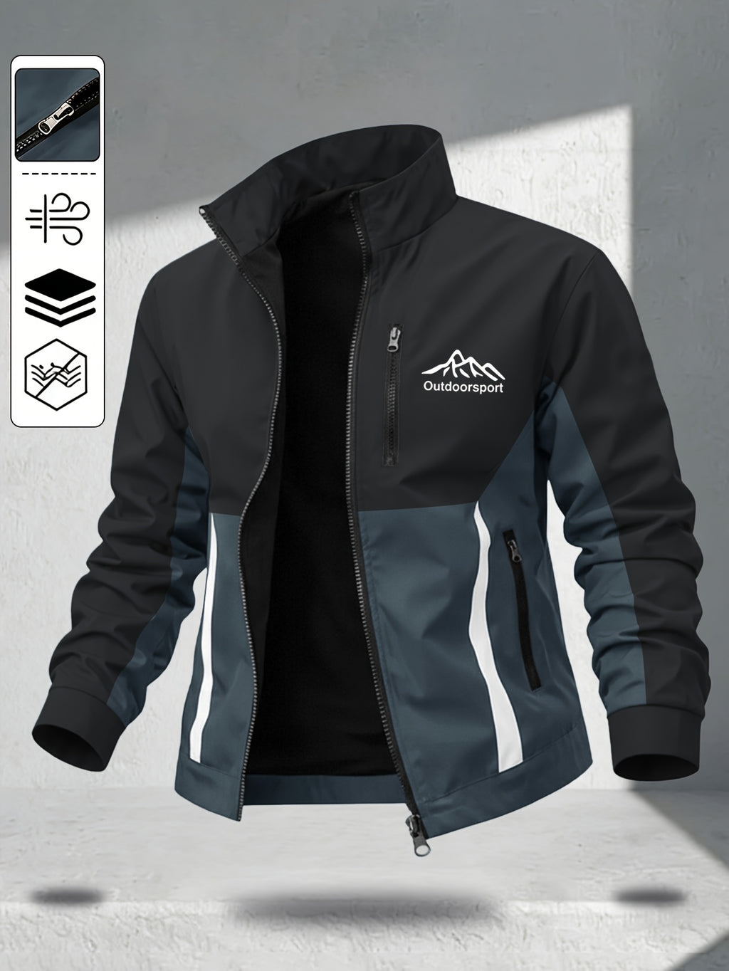 Men's Color-Block Spliced Stand-Collar Jacket, Spring/Autumn Outdoor Windproof Top, Trendy Casual Sporty Versatile Printed Jacket - Black