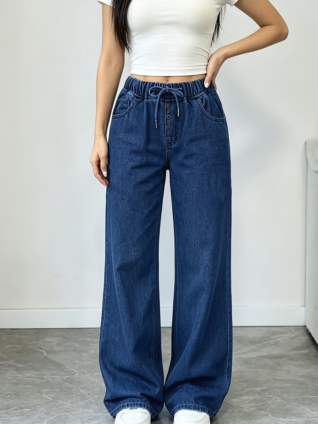 Thickened Women's High-Waist Non-Stretch Wide-Leg Jeans with Elastic Waistband and Adjustable Drawstring, Shileng Stone-Washed Classic Blue, True-Leg Long Pants for Daily and Formal Wear, Four-Season Elegant Trousers, Wardrobe Essential - Medium Blue