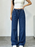 Thickened Women's High-Waist Non-Stretch Wide-Leg Jeans with Elastic Waistband and Adjustable Drawstring, Shileng Stone-Washed Classic Blue, True-Leg Long Pants for Daily and Formal Wear, Four-Season Elegant Trousers, Wardrobe Essential - Medium Blue