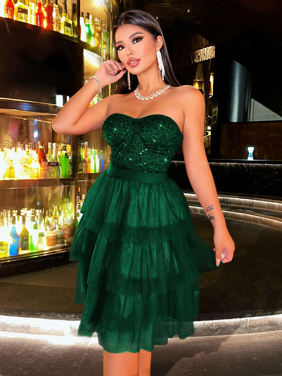 New Strapless Sequin Patchwork Women'S Short Dress Gorgeous Elegant Prom Dress Slim High Waist Women'S Short Dress Off-Shoulder Backless Evening Dress Autumn Women'S Clothing Wedding Dress Wedding Guest Outfit Travel Music Festival Formal Dinner Dre - Dark Green