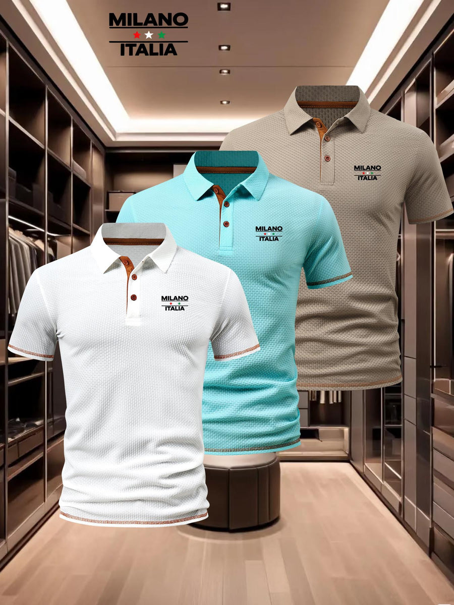 Men'S Mature Lapel 3pcs Short Sleeve Polo Shirt Set, Horizontal Three Stars ITA Pattern Short Length Caramel Brown 3-Button Placket, 3-Color Waffle Knit Fabric, Urban Daily Wear Durable Stretch Casual Top - White