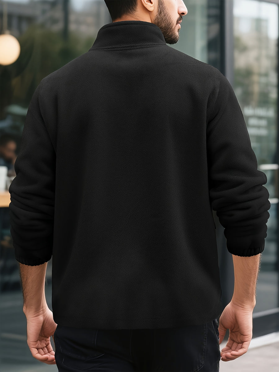 Men's Knitted Zip-Up Cardigan, Autumn/Winter Men's Jacket, Small Stand-Up Collar Design, Can Be Worn Alone or as a Layering Piece, Two-in-One Design with Pockets, Simple and Versatile, Men's Warm Sweater Cardigan - Black