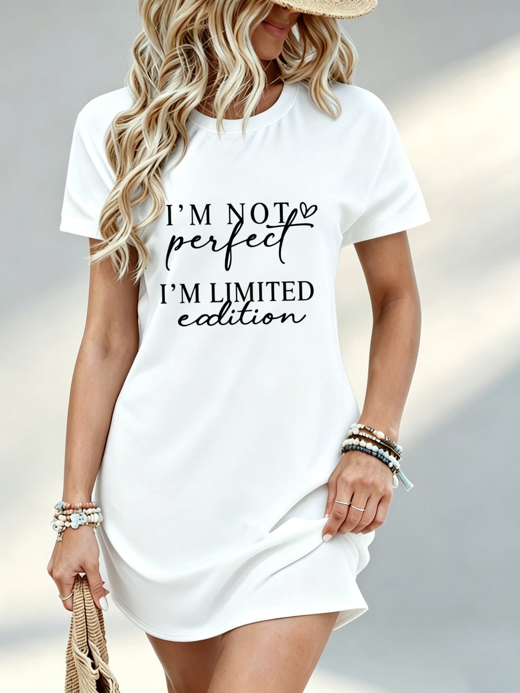 Printed Design Not Textured, Casual Women Dress, I Am Not Perfect I Am Limited Edition Letter Print, Daily Wear, Gift for Her, 100 Percent Polyester - White