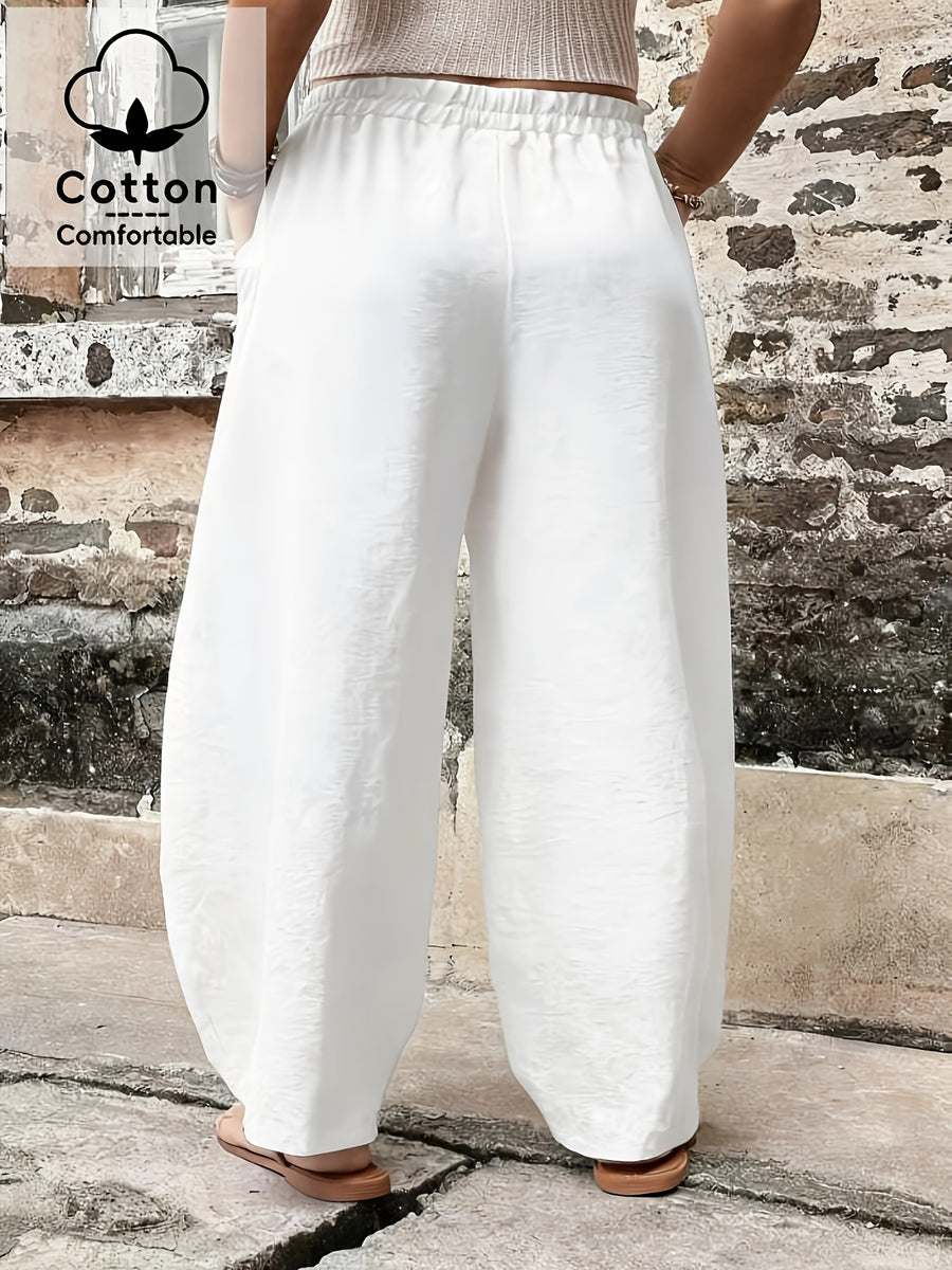Plus Size, Plus Size Stylish Women's Solid Color Casual Pants, Elastic High Waist with Pockets, Loose Wide-Leg Trousers, Versatile Pants for Commuting and Vacation - White