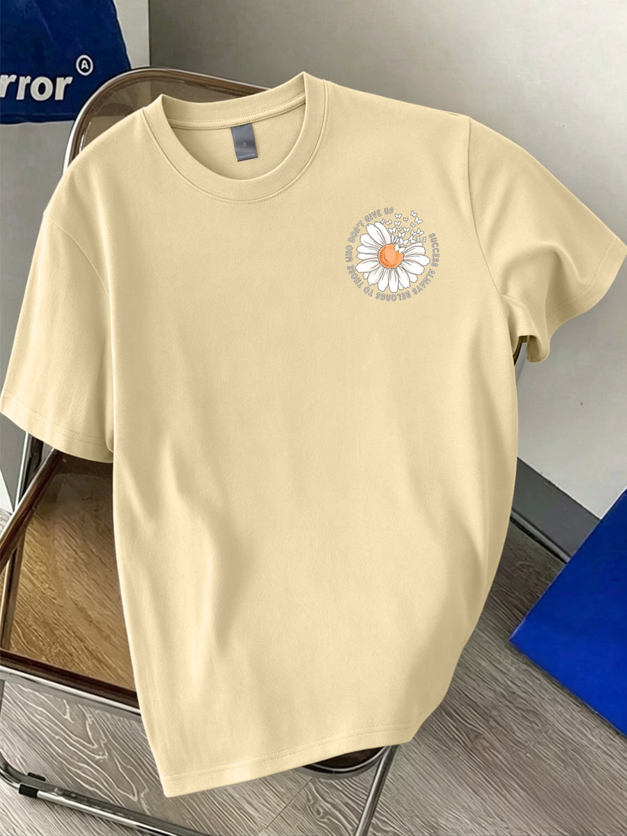 Men's 100% Pure Cotton Comfortable Casual Soft Breathable Daisy and Butterfly Print Short-Sleeve T-Shirt for Spring and Autumn Daily Commuting - Apricot