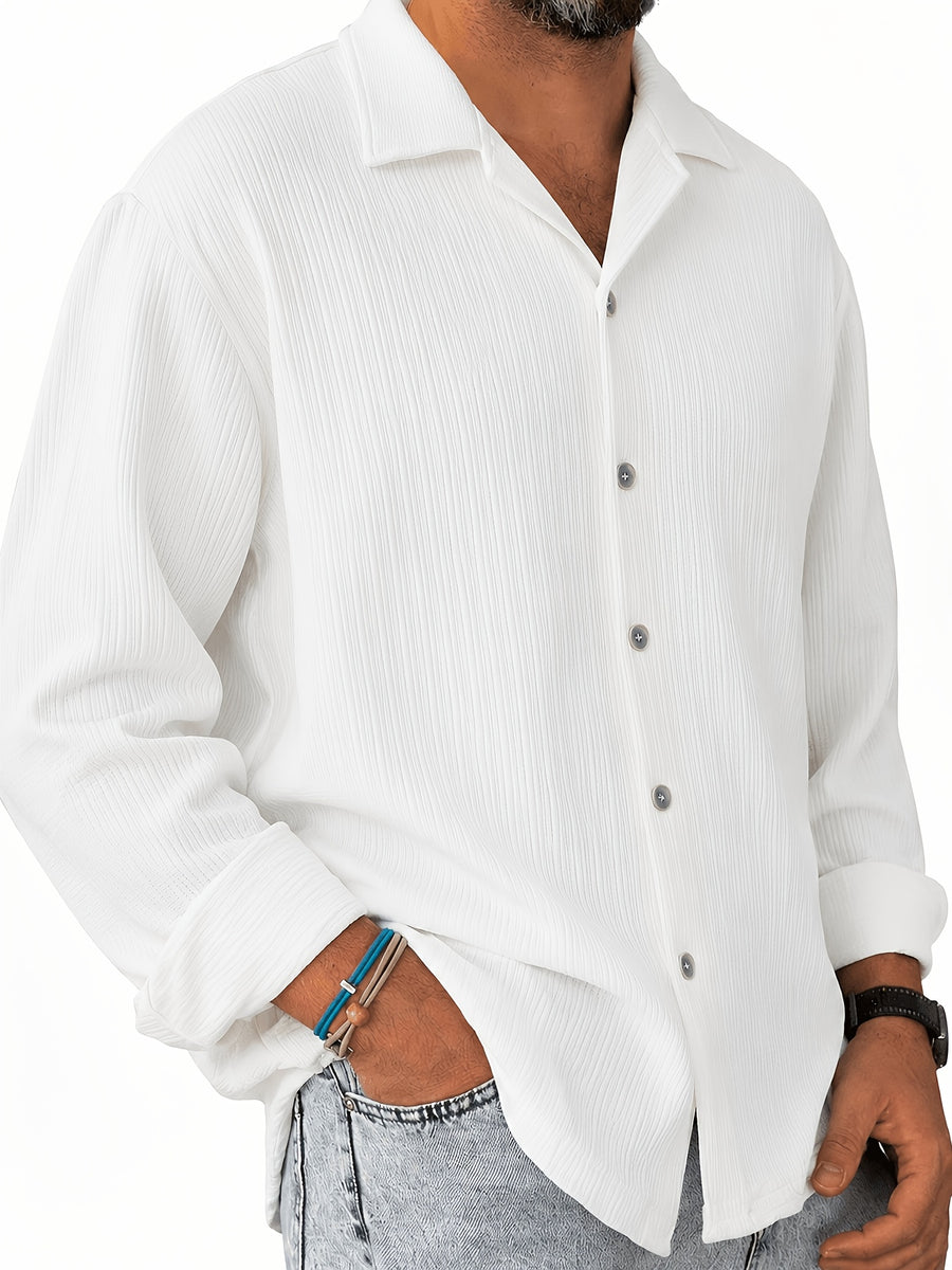 Men's Vintage Lapel Long Sleeve Shirt, Vertical Ribbed Minimalist Solid Knit Top, Versatile Casual Wear - White
