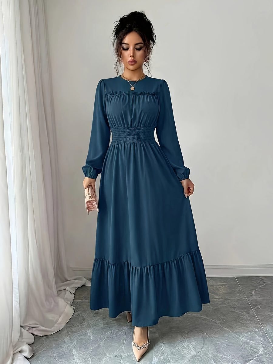 Women's Round Neck Ruffle Bubble Long Sleeve Stretch Elastic Waist Flowy Dress, Solid Color Layered Long Skirt with Tiered Ruffle Hem for a Flowing Drape. Suitable for Daily Outings, Beach Trips, Weekend Getaways, and Casual Dates - Navy blue color
