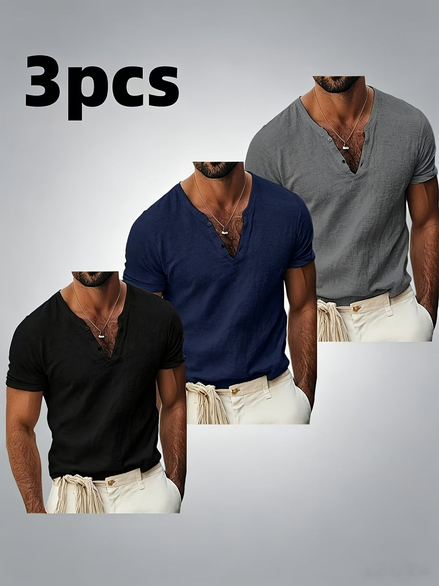 Men's V-Neck Short Sleeve T-Shirt 3pcs Set, Casual Slim Fit Solid Color Top, Summer Basic Men's Apparel, Ideal as a Beachwear Gift for Pool Parties and Beach Vacations - Black+navy+gray