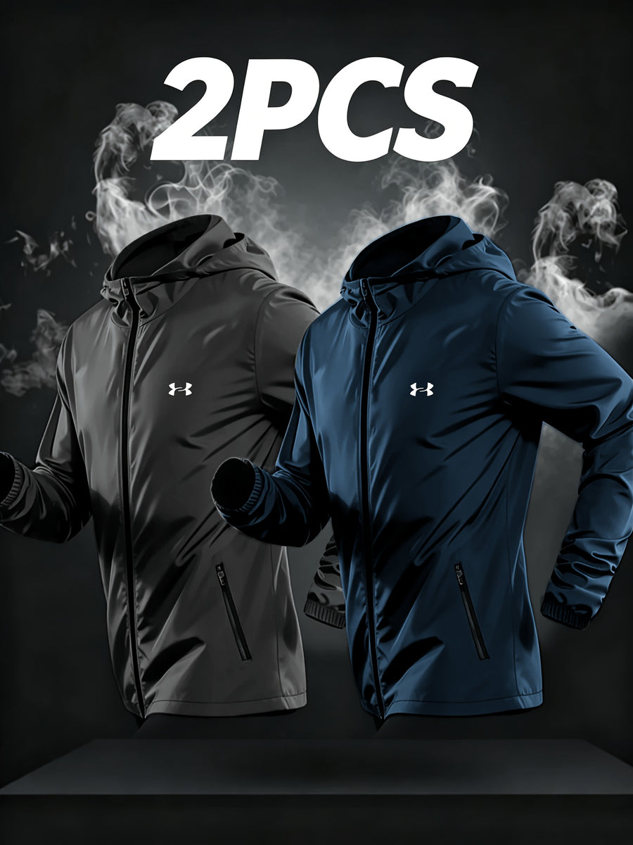 Men'S Spring Summer Solid Color Fashion Print Logo Hooded Jacket Top, Full-Zip Front Lightweight Outdoor Jacket, Athletic Running Thin Coat (2pcs Set) Winter Clothes for Men - Peacock blue+black