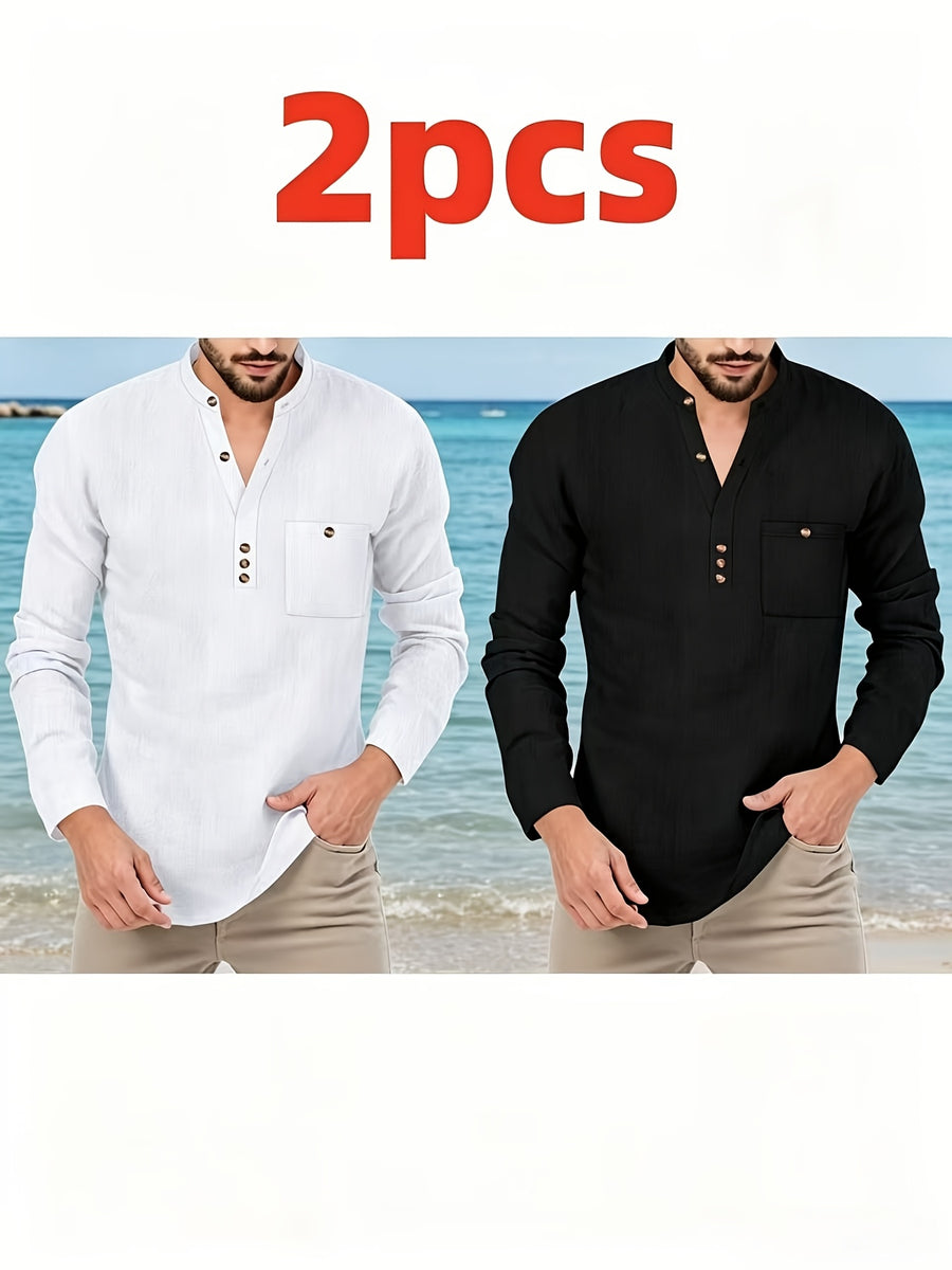 Father's Day Gift Men's Long Sleeve Henley Collar T-Shirt Two-pc, Multiple Colors Available, Casual Top, Simple and Versatile Style for Daily Commuting, Leisure, and Relaxed Wear - White+black