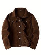 Men's Casual Long-Sleeve Shirt, Autumn/Winter Loose Fit Simple Solid Color Corduroy Layering Flannel Shirt, Vintage Style Top - Coffee Color