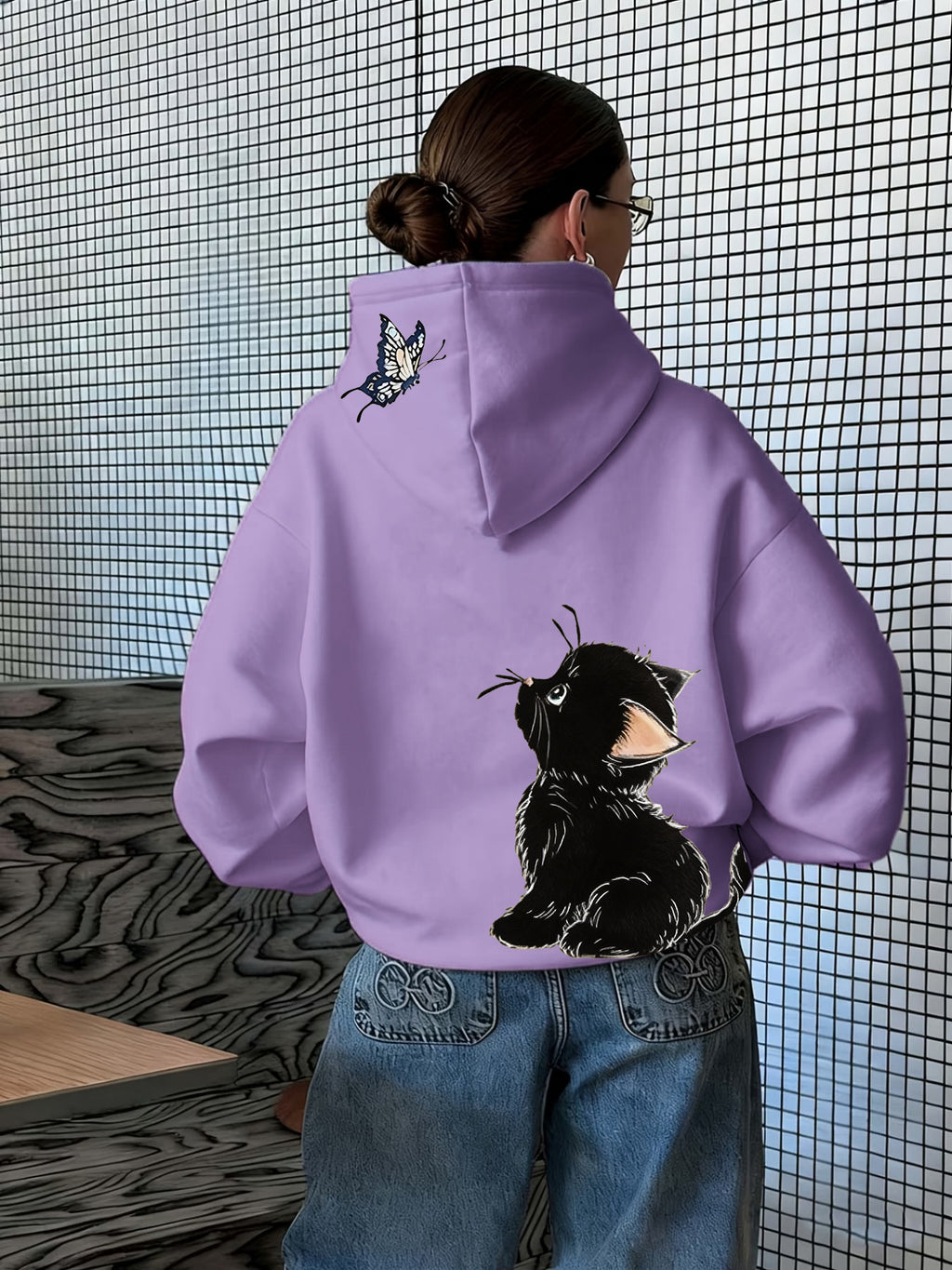 Fun 1pc Hooded Sweatshirt with Hand-Drawn Cute Little Black Cat Illustration Featuring a Butterfly, Pet Element, and Adorable Style Apparel Print - Purple