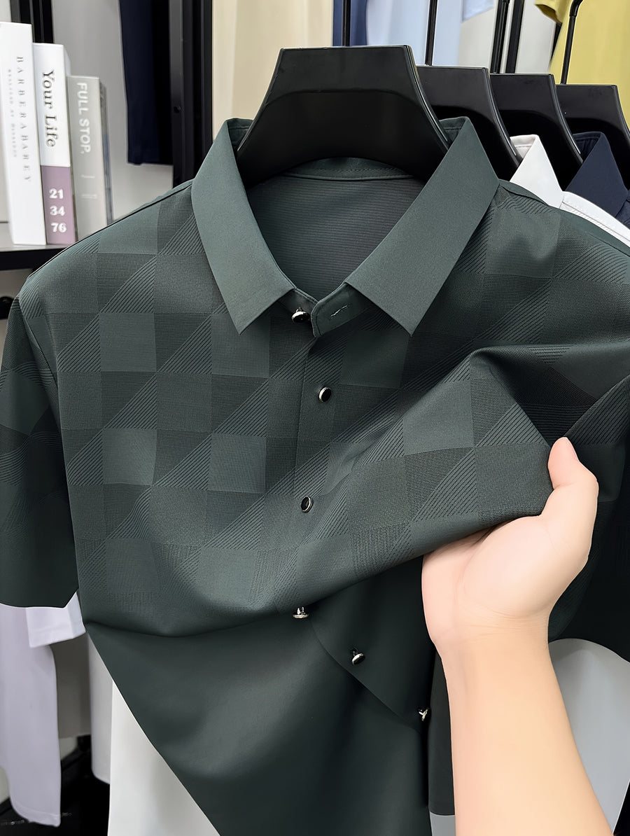 Men's Jacquard Polo Shirt with Subtle Texture, Summer Short Sleeve Tee with Mulberry Silky, Seamless, Business Casual Versatile Top with Lapel Collar - Dark Green
