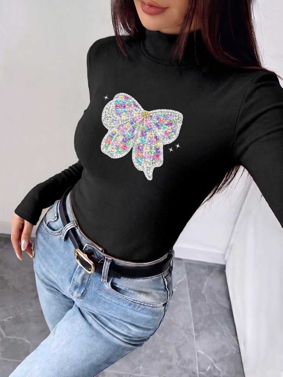 Women'S Autumn Winter New Style Semi-High Neck Fitted Top, Can Be Worn Inside Or Outside, Elastic Fabric, Soft And Skin-Friendly Warm, Easy Waist-Cinching Cut, Casual All-Match "Colorful Butterfly Rhinestone Patch" - Black