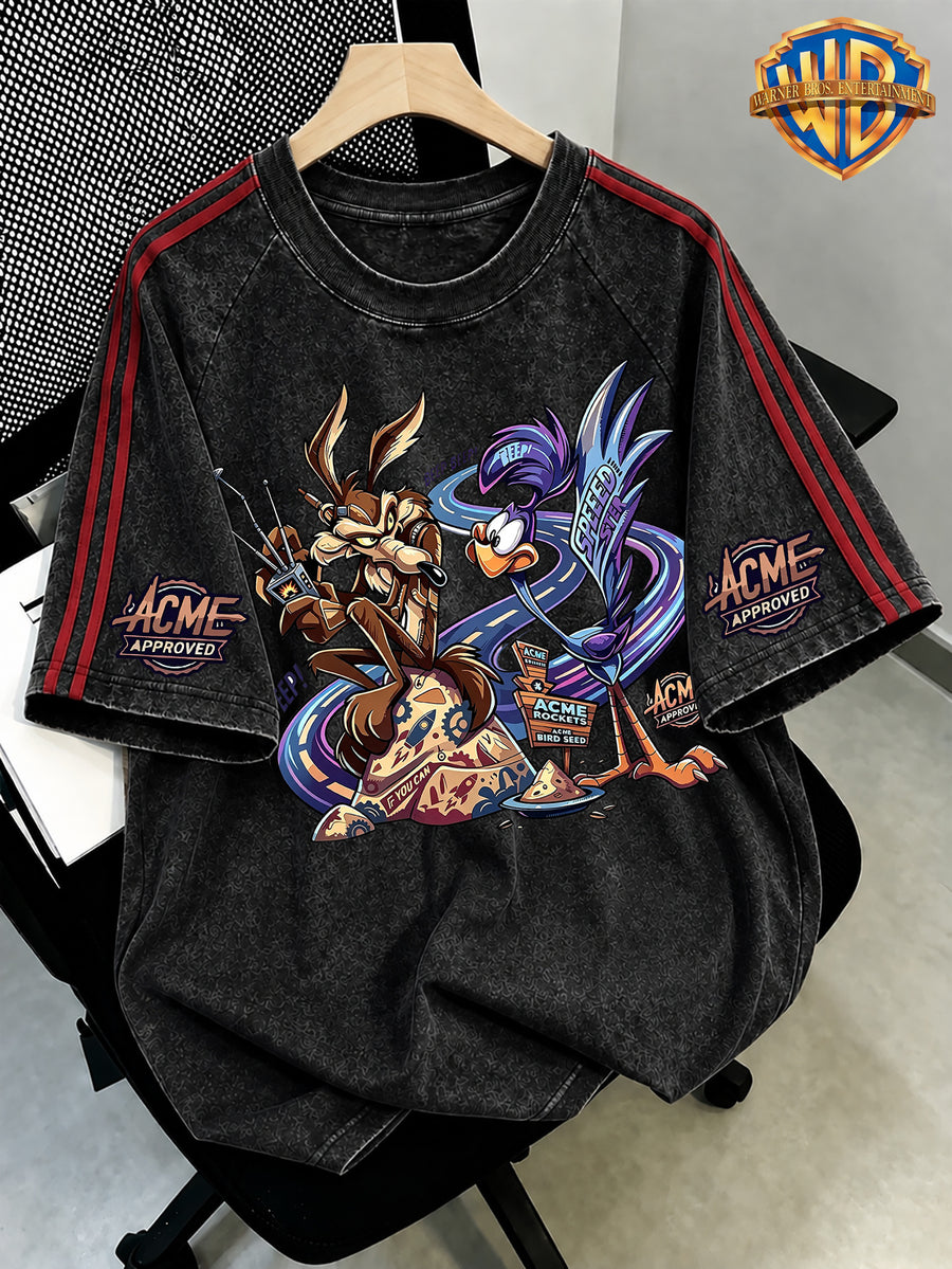 WB Warner Bros. Official License, American Retro Happy Tunes Highway Racing Distorted Heart Wolf Bip Bip Bird Pattern, Washed Loose Short Sleeve T-Shirt, Men'S Loose Retro Streetwear Outfit - Black