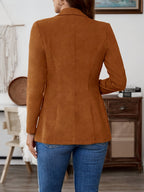 Women's Faux Suede Solid Color Lapel Long Sleeve Belted Button Cardigan Coat, New Fashion Elegant Business Casual Jacket - 【Brown】