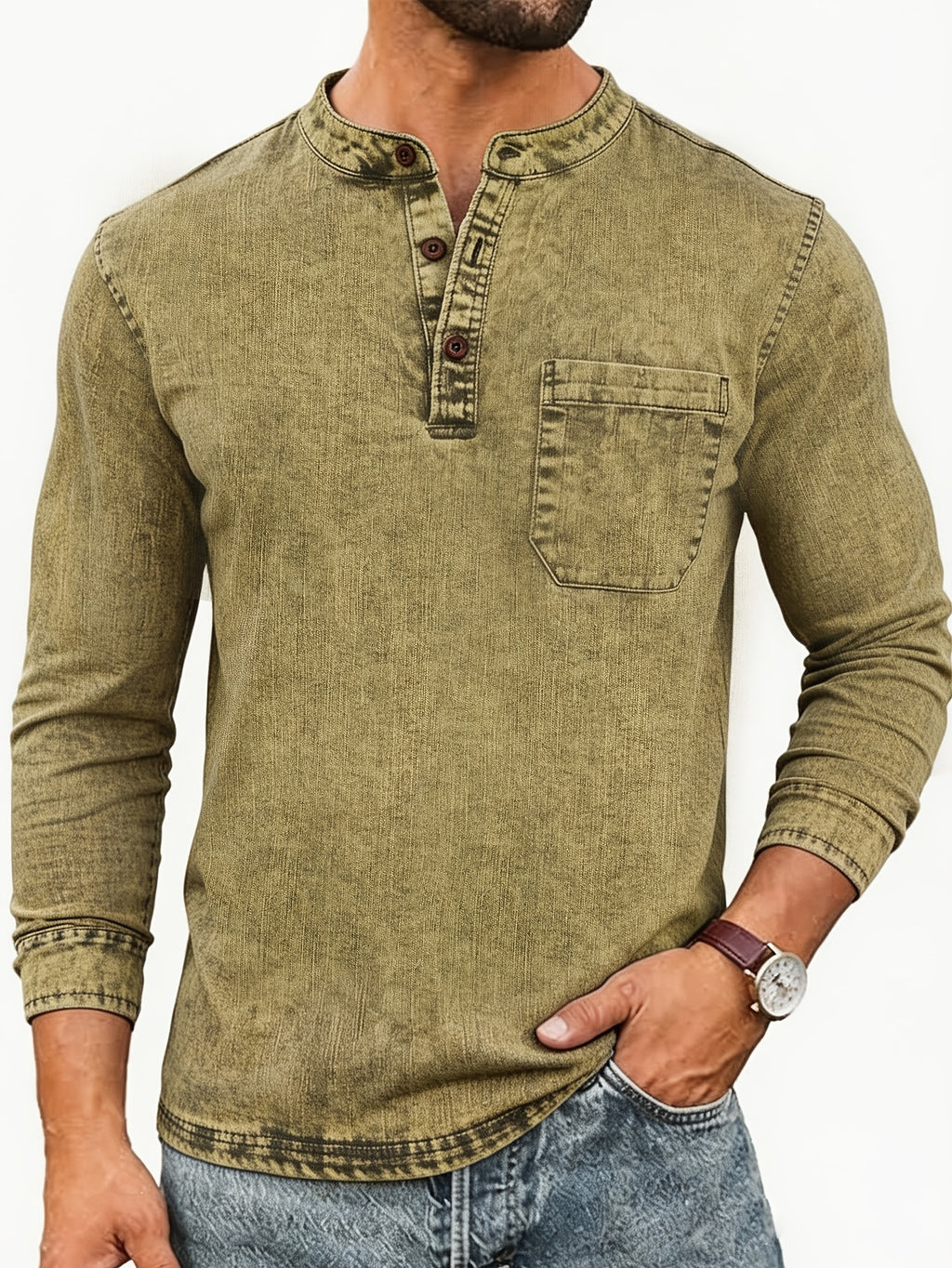 Men's Vintage Distressed Denim Shirt with Henry Collar, Long Sleeve Casual Workwear Top with Pockets, Heavyweight Hand-Washed Vintage - Matcha Color