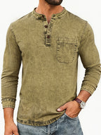 Men's Vintage Distressed Denim Shirt with Henry Collar, Long Sleeve Casual Workwear Top with Pockets, Heavyweight Hand-Washed Vintage - Matcha Color