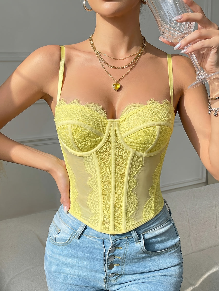 Sexy Lace Fitted Vest Top - Bodycon Cut, V-Neck, Sleeveless, Solid Color, with Exquisite Lace Detail, Suitable for Fashion Style, Lace Top - Cream Yellow