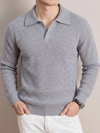 Men'S Polo Neck Knit Sweater Autumn Winter Thick Ribbed Placket Pullover Casual Solid Color Knit Top - Light Grey