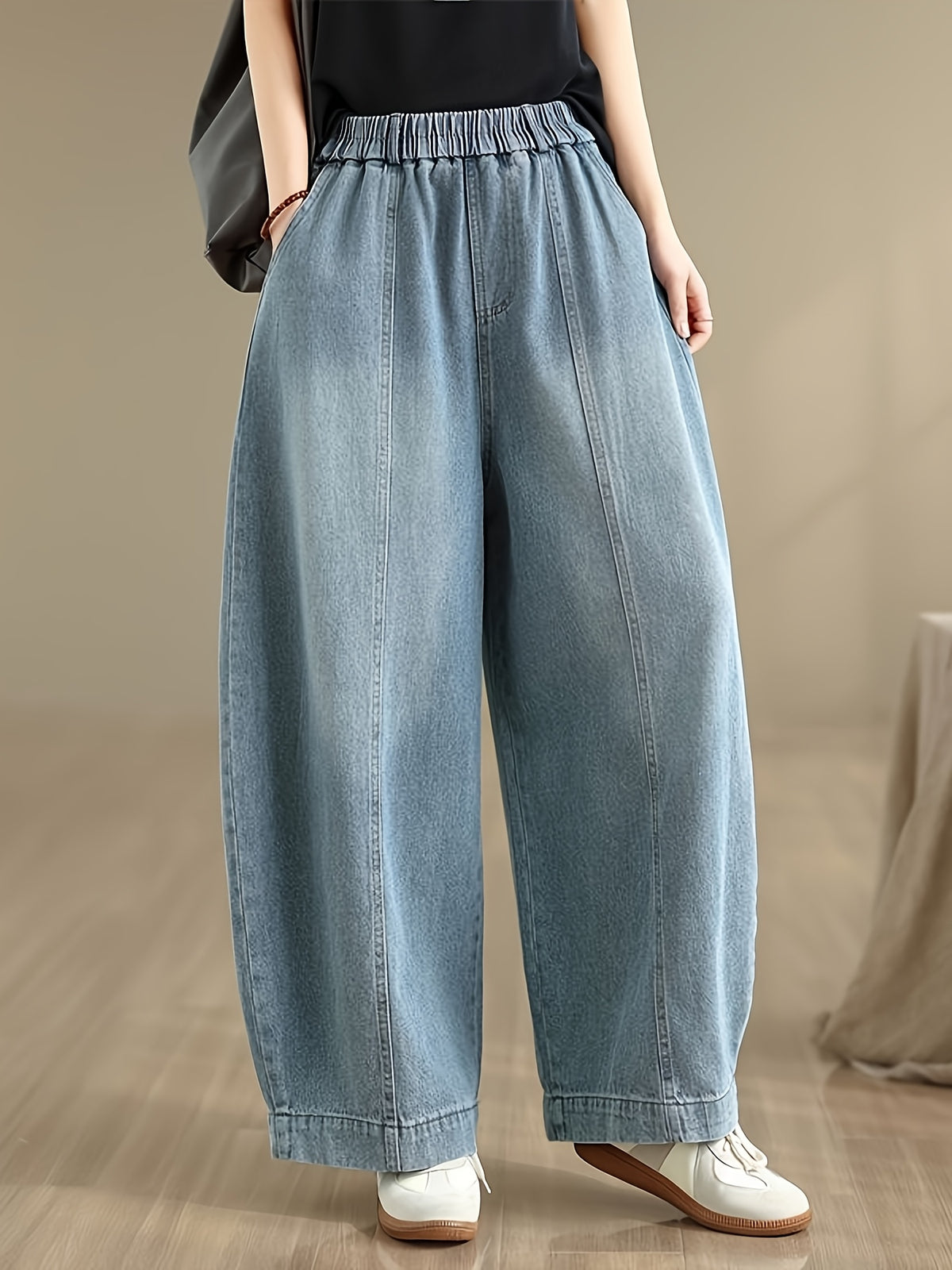 Women'S Minimalist Denim Harem Pants, Elastic Waist Plus Size, Loose Slim-Fit Casual Wide Leg Jeans - Light Cyan