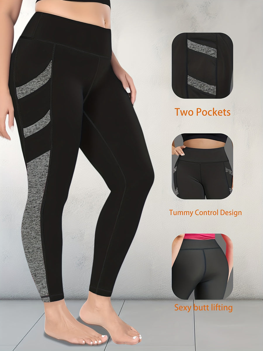 Plus Size Women's High-Waisted Yoga Pants Tummy Control Workout Leggings with 4 Side Pockets Color-blocking Design,for Running, Fitness Casual & Sports Wear - Graphite Color