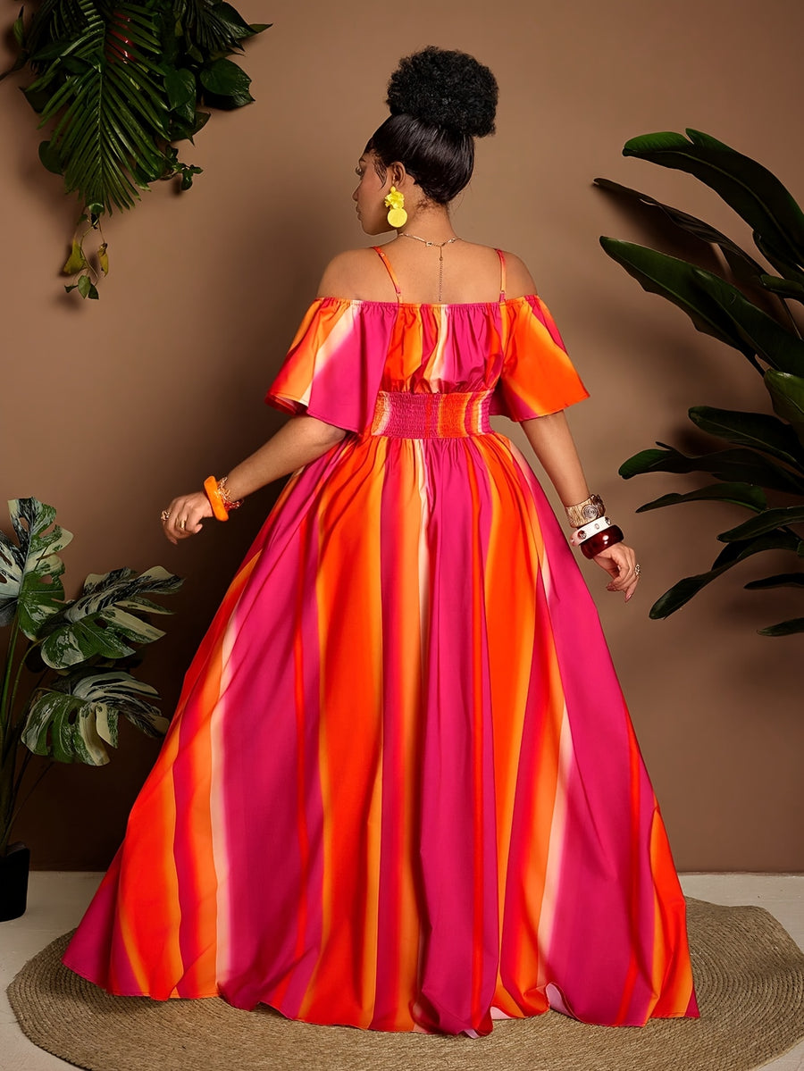 Plus Size Women'S Printed New Spring Summer Off-Shoulder Long Dress - Red
