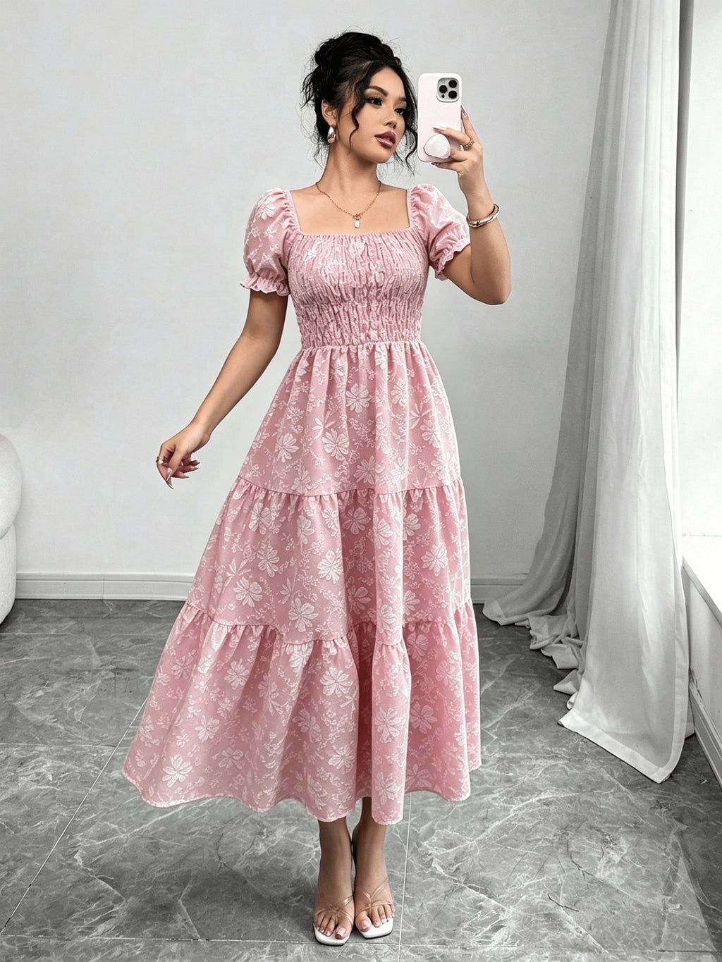 Women'S Ruched Square Neck Short Sleeve Ruffled Hem Dress with Ditsy Floral Print, Suitable for Casual, Work, Travel, Beach, Bohemian, Western, Music Festival, Countryside Style - 02-Tender Pink