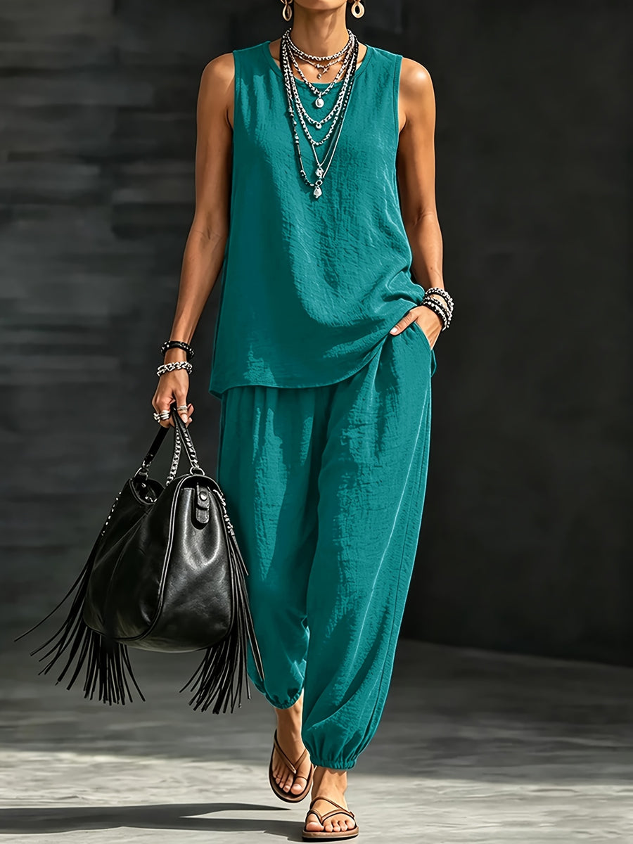 Women's Casual Vacation Solid Color 2pcs Set: Round Neck Top + Loose Fit Cuffed Pants - Peacock Blue