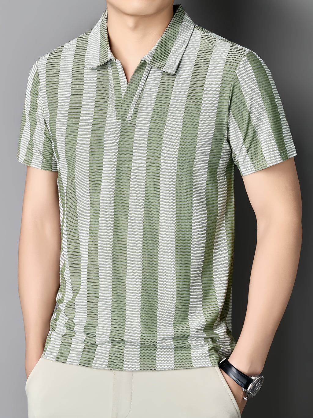[Sleek Awakening OBM] Spring/Summer New Men'S Polo Shirt, Old Money Style Knit Jacquard Striped Contrast Half-Button Placket Cutaway Collar Short Sleeve T-Shirt for Men, Fashionable And Versatile Pullover Base Layer Top - Light Green