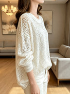Spring And Autumn Thin Korean Lazy Style Hollow Sweater Women'S Loose Commuting Casual Versatile Cardigan - White