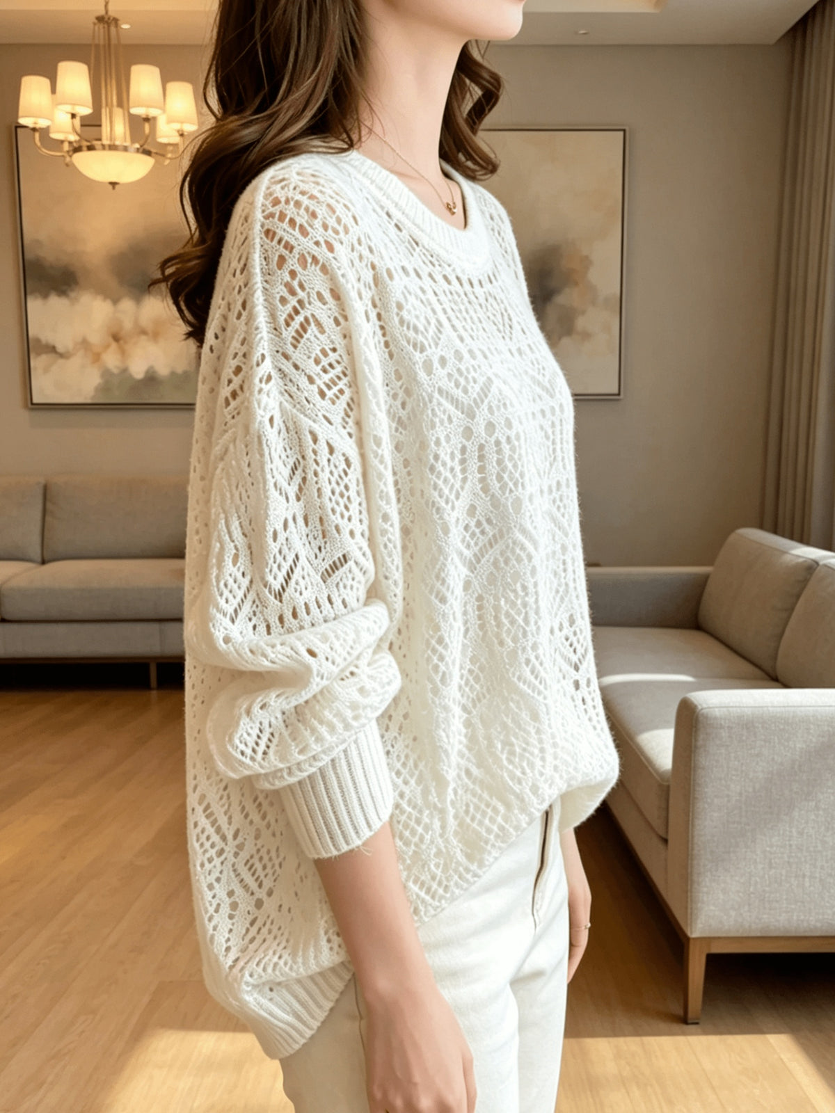 Spring And Autumn Thin Korean Lazy Style Hollow Sweater Women'S Loose Commuting Casual Versatile Cardigan - White