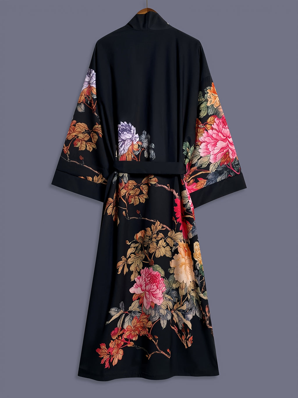 Japanese-style Rose Print Mid-length Three-quarter Sleeve Kimono Cardigan, Lightweight Outerwear for Women, Elegant European and American Ethnic-inspired Streetwear Casual Cover-up, Beach Vacation Travel Uchikake-style Thin Cape Coat, Home Yukata - Black