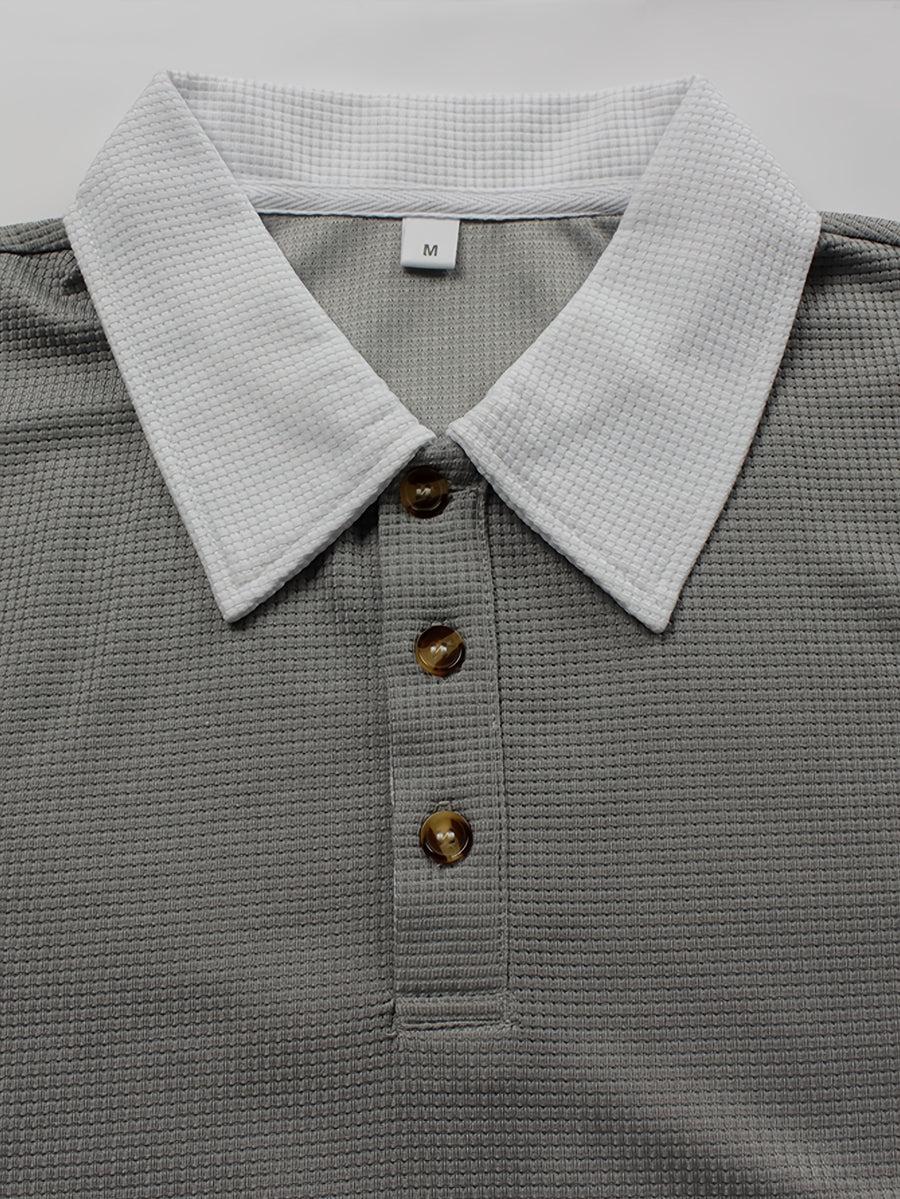 Men's Autumn Color-Block Lapel Long-Sleeve Polo Shirt with Contrasting White Collar. The Slim-fit, Clean-cut Design Flatters the Figure Without Being Tight or Bulky. Featuring a Simple, Light-luxury Business-casual Style, It's Effortlessly Versatile - Dark Gray
