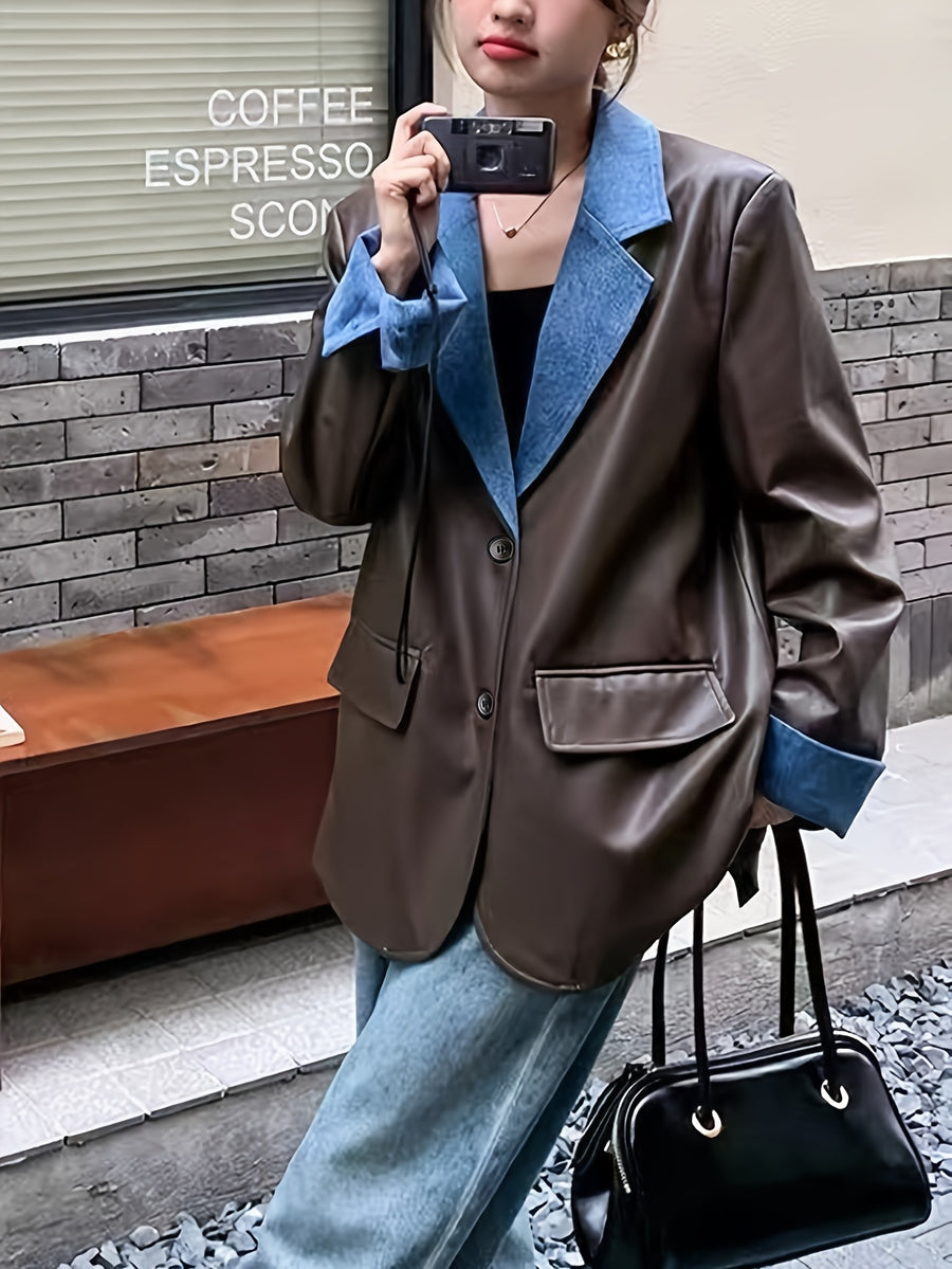 Women'S Fashion Denim Patchwork PU Blazer, Casual Long Sleeve Jacket with Single Button Closure, Perfect for Spring/Fall Wear 15A9884-1 - Dark Brown