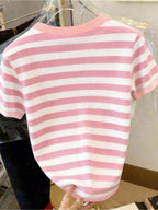 Printed Design – Not Textured: Women's Casual Striped Bear Print Crew Neck T-Shirt, the Perfect Summer Gift for Women - Mixed colors