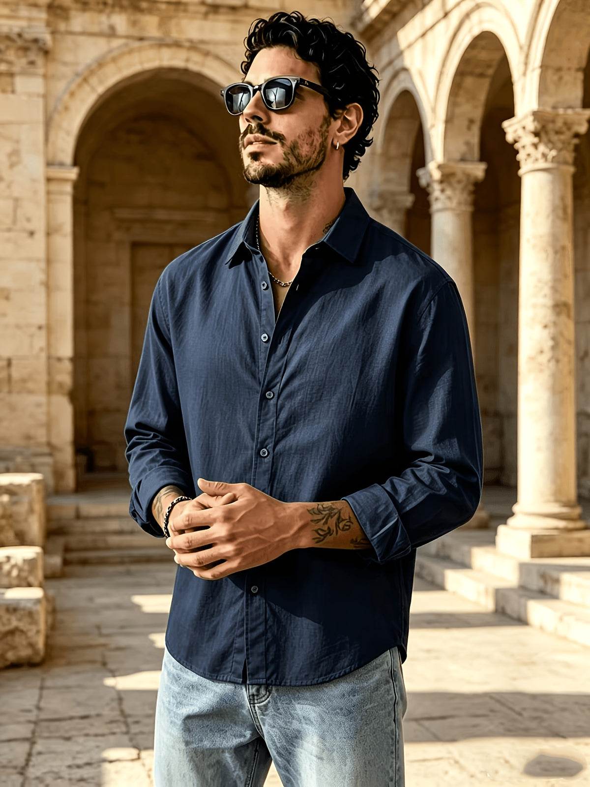 Men's Button Front Long Sleeve Shirts for Summer, Classic Solid Color Lapel Casual Work Shirts, Loose Fit Lightweight Breathable Daily Tops, Vintage Fashion Outdoor Vacation Blouses - Navy Color