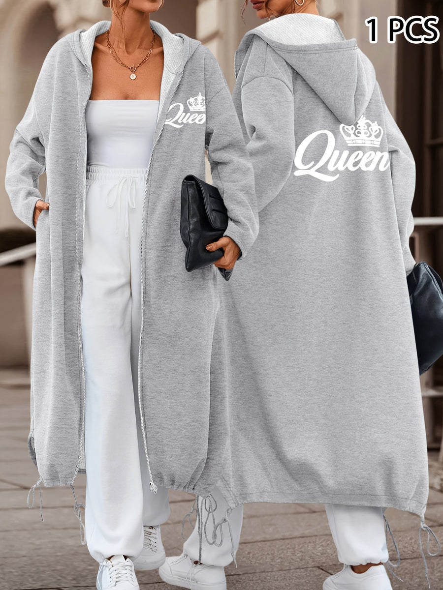 Women's Casual Fashion Long Hooded Jacket with Front and Back Print of White Crown + "Queen" Lettering, Comfortable and Versatile for Daily Commute and Multiple Scenarios - Grey