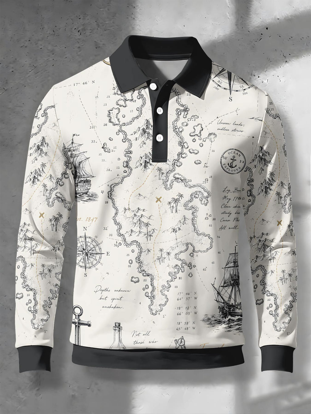 Men's Contrast Color Long Sleeve Polo Shirt, Lapel Collar Three-Button Casual Top with Vintage Nautical Manuscript Print, Versatile Men's Apparel for Spring/Autumn Business Commuting and Golf, Surprise Birthday/Holiday Gift for Young Men - Mixed Color C