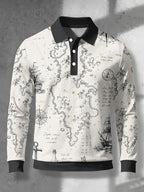 Men's Contrast Color Long Sleeve Polo Shirt, Lapel Collar Three-Button Casual Top with Vintage Nautical Manuscript Print, Versatile Men's Apparel for Spring/Autumn Business Commuting and Golf, Surprise Birthday/Holiday Gift for Young Men - Mixed Color C