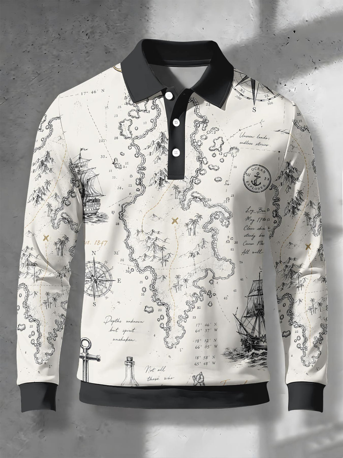 Men's Contrast Color Long Sleeve Polo Shirt, Lapel Collar Three-Button Casual Top with Vintage Nautical Manuscript Print, Versatile Men's Apparel for Spring/Autumn Business Commuting and Golf, Surprise Birthday/Holiday Gift for Young Men - Mixed Color C