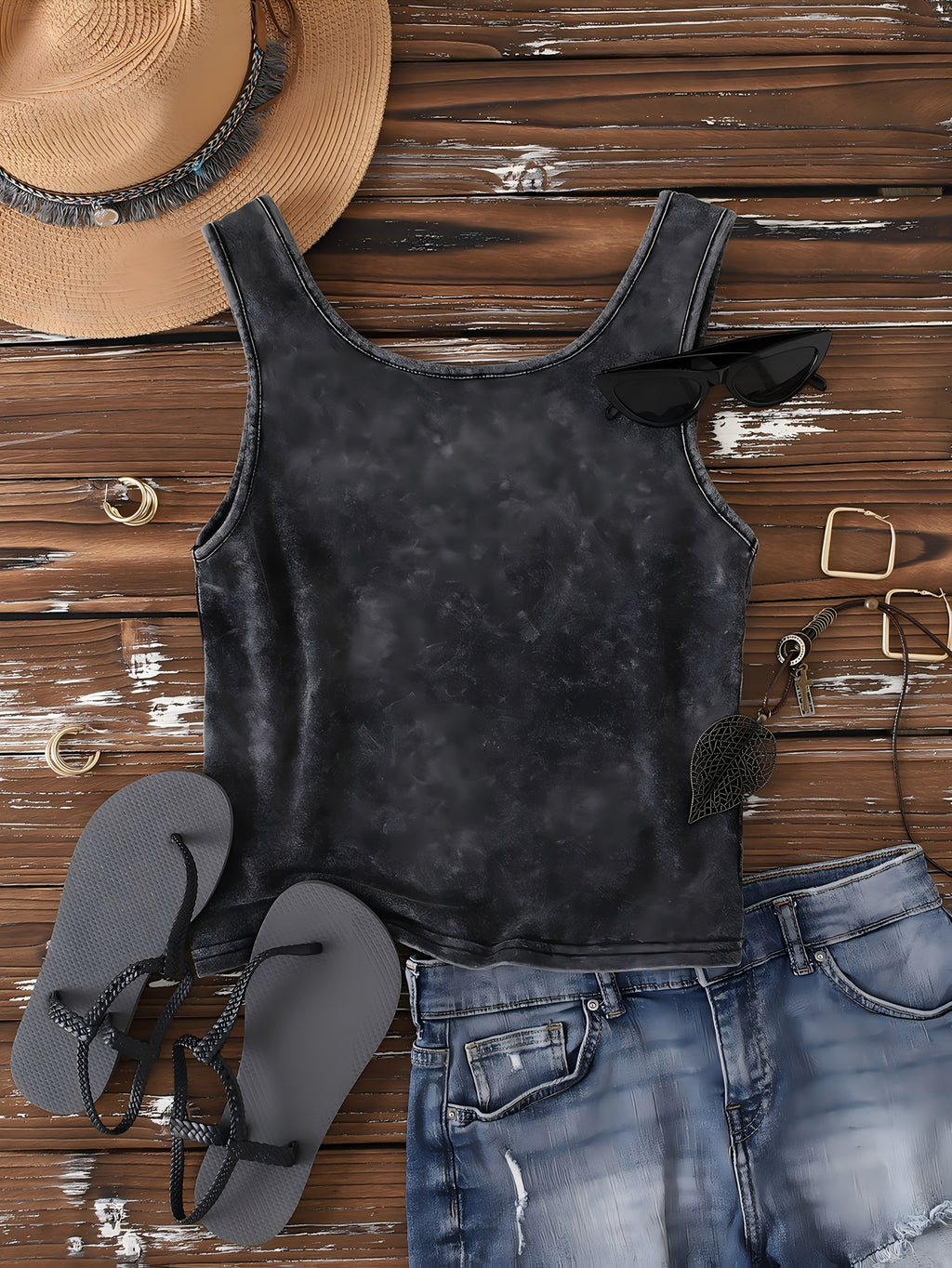 Ladies' Fashion Trend Fried Snowflake Washed - Angel Creative Pattern Printed Sleeveless Vest - Black