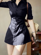 Waist- And Single-Breasted Solid Color Shirt Dress, Suitable for Dating And Commuting - Navy Color